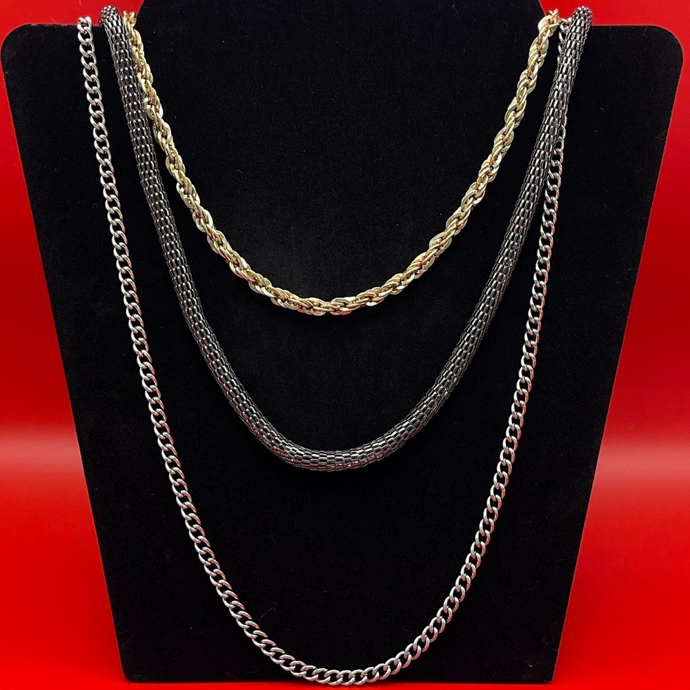 Vintage Mixed Metal Triple Layered Chain Necklace Gold Silver Gunmetal 16" Edgy